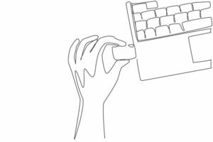 Continuous one line drawing hand inserting a flash drive into the laptop. Transferring important data. Doing copy paste. Tech. National Flash Drive Day. Single line draw design illustration vector