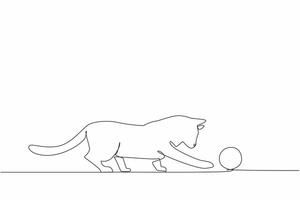 Single one line drawing siamese cat hitting a knitted ball. Curious about the movement of the ball. Adorable behavior. Happiness. National Siamese Cat Day. Continuous line design graphic illustration vector