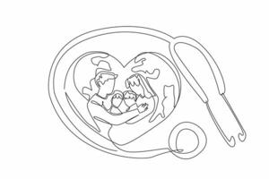 Single one line drawing heart-shaped globe and in middle there is a silhouette of a family hugging. Health insurance for beloved children. World Health Day. Continuous line design graphic illustration vector