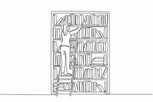 Single continuous line drawing female librarian climbing bookshelf with ladder. Tidying up messy books. For convenience of visitors. National School Librarian Day. One line design illustration vector