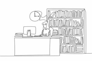 Single one line drawing female librarian sitting in chair typing on keyboard. Daily routine activities. Notes for simplicity. National School Librarian Day. Continuous line design graphic illustration vector