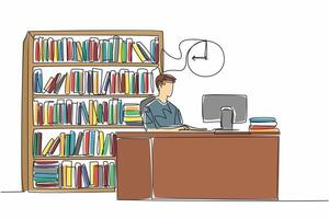 Continuous one line drawing male librarian sit in chair typing on keyboard. Create book number to facilitate data collection. National School Librarian Day. Single line draw design illustration vector