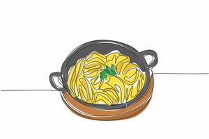 Continuous one line drawing spaghetti carbonara on a black pan with a round wooden cutting board. Keep food warm. Delicious. Tasty. National Carbonara Day. Single line draw design illustration vector