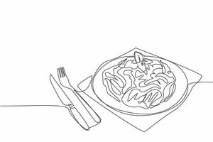 Single continuous line drawing fettuccine carbonara on a black round plate. Served in a classic way. Use a fork and knife to eat it. Savory. National Carbonara Day. One line design illustration vector