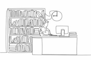 Continuous one line drawing male librarian sit in chair typing on keyboard. Create book number to facilitate data collection. National School Librarian Day. Single line draw design illustration vector