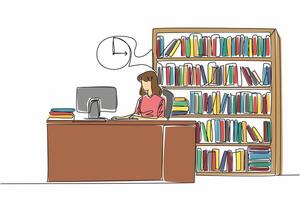 Single one line drawing female librarian sitting in chair typing on keyboard. Daily routine activities. Notes for simplicity. National School Librarian Day. Continuous line design graphic illustration vector