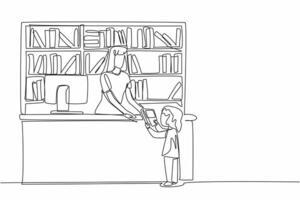 Continuous one line drawing female librarian received book from female student. Ask something about book. Patient in serving. National School Librarian Day. Single line draw design illustration vector