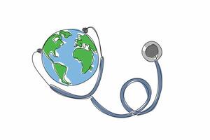 Single one line drawing stethoscope attached to globe. The earth plays a role in maintaining health. Public health is a priority. Care. World Health Day. Continuous line design graphic illustration vector