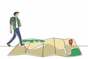 Continuous one line drawing a man with a backpack walks over a creased map. Enough supplies. Directions are there. Adventure. National Read a Road Map Day. Single line draw design illustration vector