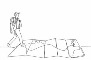 Continuous one line drawing a man with a backpack walks over a creased map. Enough supplies. Directions are there. Adventure. National Read a Road Map Day. Single line draw design illustration vector