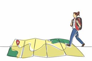 Single continuous line drawing female backpacker walking on a creased map. Step firmly following the directions. Route to healing. National Read a Road Map Day. One line design illustration vector