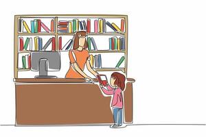 Continuous one line drawing female librarian received book from female student. Ask something about book. Patient in serving. National School Librarian Day. Single line draw design illustration vector