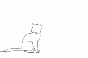 Single continuous line drawing siamese cat posing. Pet tag necklace around the neck. Look up. Seeing and observing flying prey. Cheerful. National Siamese Cat Day. One line design illustration vector