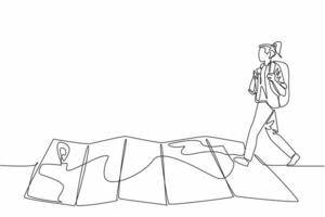 Single continuous line drawing female backpacker walking on a creased map. Step firmly following the directions. Route to healing. National Read a Road Map Day. One line design illustration vector
