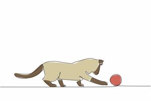 Single one line drawing siamese cat hitting a knitted ball. Curious about the movement of the ball. Adorable behavior. Happiness. National Siamese Cat Day. Continuous line design graphic illustration vector