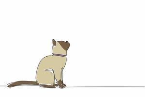 Single continuous line drawing siamese cat posing. Pet tag necklace around the neck. Look up. Seeing and observing flying prey. Cheerful. National Siamese Cat Day. One line design illustration vector