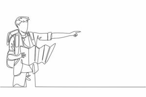 Continuous one line drawing a man with backpack holding map while pointing. Read road directions and adjust to map. Accuracy. National Read a Road Map Day. Single line draw design illustration vector