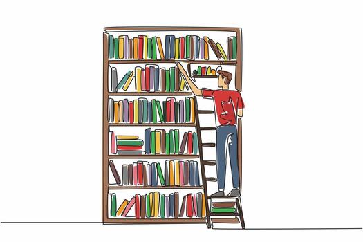 Single continuous line drawing a male librarian climbing bookshelf with ladder. Taking a book that is not in the right place. Sort. National School Librarian Day. One line design illustration vector