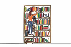 Single continuous line drawing female librarian climbing bookshelf with ladder. Tidying up messy books. For convenience of visitors. National School Librarian Day. One line design illustration vector