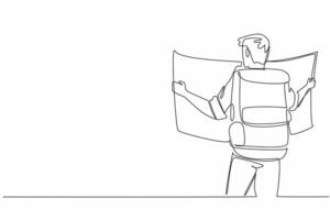 Single continuous line drawing a man carrying large backpack while holding a large map. Study the route to take. Thorough preparation. National Read a Road Map Day. One line design illustration vector