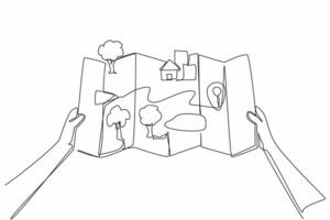 Single one line drawing two hands holding a map with pop-up images. See the route you will take. Channeling hobbies. Explore. National Read a Road Map Day. Continuous line design graphic illustration vector