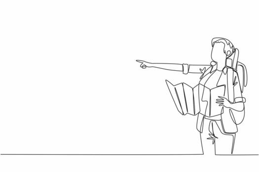 soltero continuo línea dibujo un mujer con mochila participación mapa mientras apuntando el dirección a ser tomado. exactitud y confianza. nacional leer un la carretera mapa día. uno línea diseño ilustración vector