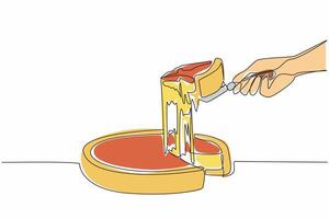 Continuous one line drawing deep dish pizza is lifted from a whole circle. Thick and tasty mozzarella. Yummy. Chicago style. National Deep Dish Pizza Day. Single line draw design illustration vector