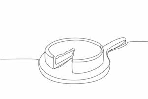 Continuous one line drawing deep dish pizza on round cutting board with 1 slice cut out. Thick and tasty pizza. Chicago style. National Deep Dish Pizza Day. Single line draw design illustration vector