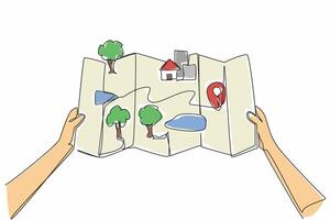 Single one line drawing two hands holding a map with pop-up images. See the route you will take. Channeling hobbies. Explore. National Read a Road Map Day. Continuous line design graphic illustration vector