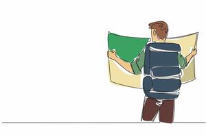 Single continuous line drawing a man carrying large backpack while holding a large map. Study the route to take. Thorough preparation. National Read a Road Map Day. One line design illustration vector