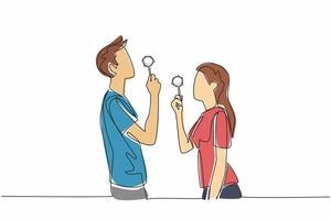 Single one line drawing young couple hold dandelions and blowing them. Joking around at dusk. Playing to pass the time on weekends. National Dandelion Day. Continuous line design graphic illustration vector