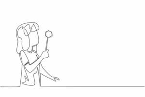 Continuous one line drawing girl holding dandelion and blowing it. Playing and getting benefits from dandelions. Healthy skin. National Dandelion Day. Single line draw design illustration vector