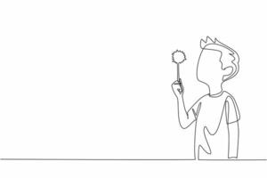 Single continuous line drawing boy holding dandelion and blowing it. Playing in the park. Wild plants that are classified as weeds or pests. National Dandelion Day. One line design illustration vector