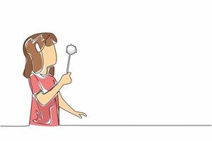 Continuous one line drawing girl holding dandelion and blowing it. Playing and getting benefits from dandelions. Healthy skin. National Dandelion Day. Single line draw design illustration vector