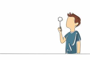 Single continuous line drawing boy holding dandelion and blowing it. Playing in the park. Wild plants that are classified as weeds or pests. National Dandelion Day. One line design illustration vector