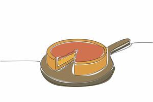 Continuous one line drawing deep dish pizza on round cutting board with 1 slice cut out. Thick and tasty pizza. Chicago style. National Deep Dish Pizza Day. Single line draw design illustration vector