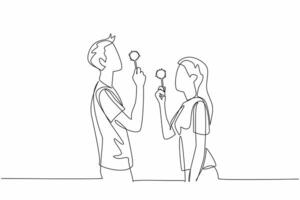 Single one line drawing young couple hold dandelions and blowing them. Joking around at dusk. Playing to pass the time on weekends. National Dandelion Day. Continuous line design graphic illustration vector