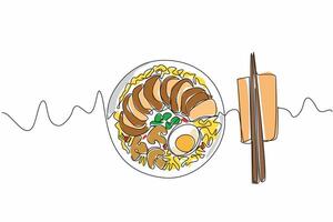 Single continuous line drawing a bowl of ramen complete with protein and vegetable toppings. Serving for loyal customers. Eaten with chopsticks. National Ramen Day. One line design illustration vector