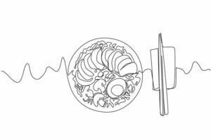 Single continuous line drawing a bowl of ramen complete with protein and vegetable toppings. Serving for loyal customers. Eaten with chopsticks. National Ramen Day. One line design illustration vector