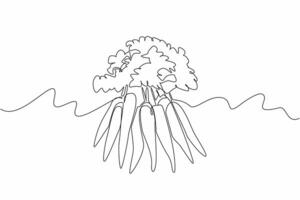 Single one line drawing 8 carrots with thick leaf tips. Some of the harvests will be processed by ourself. Healthy garden. Health. International Carrot Day. Continuous line design graphic illustration vector
