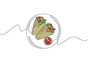 Single continuous line drawing two burritos on a plate and chili sauce in a small bowl. Food containing minced meat. Eaten while warm. Yummy. National Burrito Day. One line design illustration vector