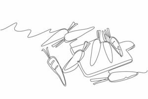 Single continuous line drawing some carrots on the chopping board. Raw food ingredients. Will be processed into delicious nutritious food. International Carrot Day. One line design illustration vector