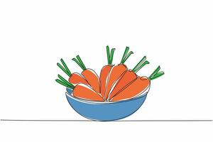 Single one line drawing 7 carrots in a bowl. Cleaned and then processed into healthy food. Can also be used as a crunchy snack. International Carrot Day. Continuous line design graphic illustration vector