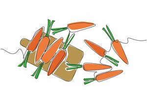 Continuous one line drawing some carrots scattered near the cutting board. Foods that can fight growth of cancer cells. Health. International Carrot Day. Single line draw design illustration vector