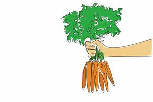 Single one line drawing hand holding several carrots with very thick leaf tips. Carrot farmers get the desired results. Healthy. International Carrot Day. Continuous line design graphic illustration vector