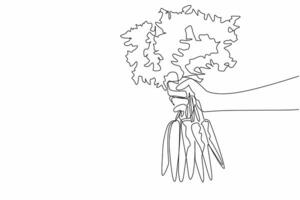 Single one line drawing hand holding several carrots with very thick leaf tips. Carrot farmers get the desired results. Healthy. International Carrot Day. Continuous line design graphic illustration vector