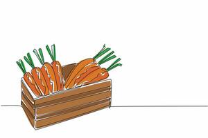 Continuous one line drawing some carrots in a wooden box. Distributes goodness as a source of vitamins. Sweet. Mineral. Healthy. International Carrot Day. Single line draw design illustration vector