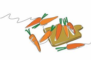 Single continuous line drawing some carrots on the chopping board. Raw food ingredients. Will be processed into delicious nutritious food. International Carrot Day. One line design illustration vector