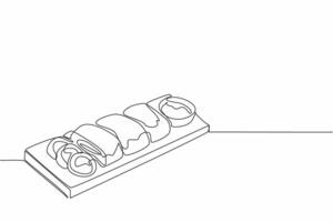 Single continuous line drawing chicken cordon bleu served on a chopping board. Plating that increases hunger. Enjoy every bite. National Chicken Cordon Bleu Day. One line design illustration vector