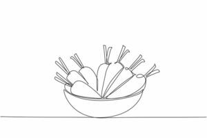 Single one line drawing 7 carrots in a bowl. Cleaned and then processed into healthy food. Can also be used as a crunchy snack. International Carrot Day. Continuous line design graphic illustration vector